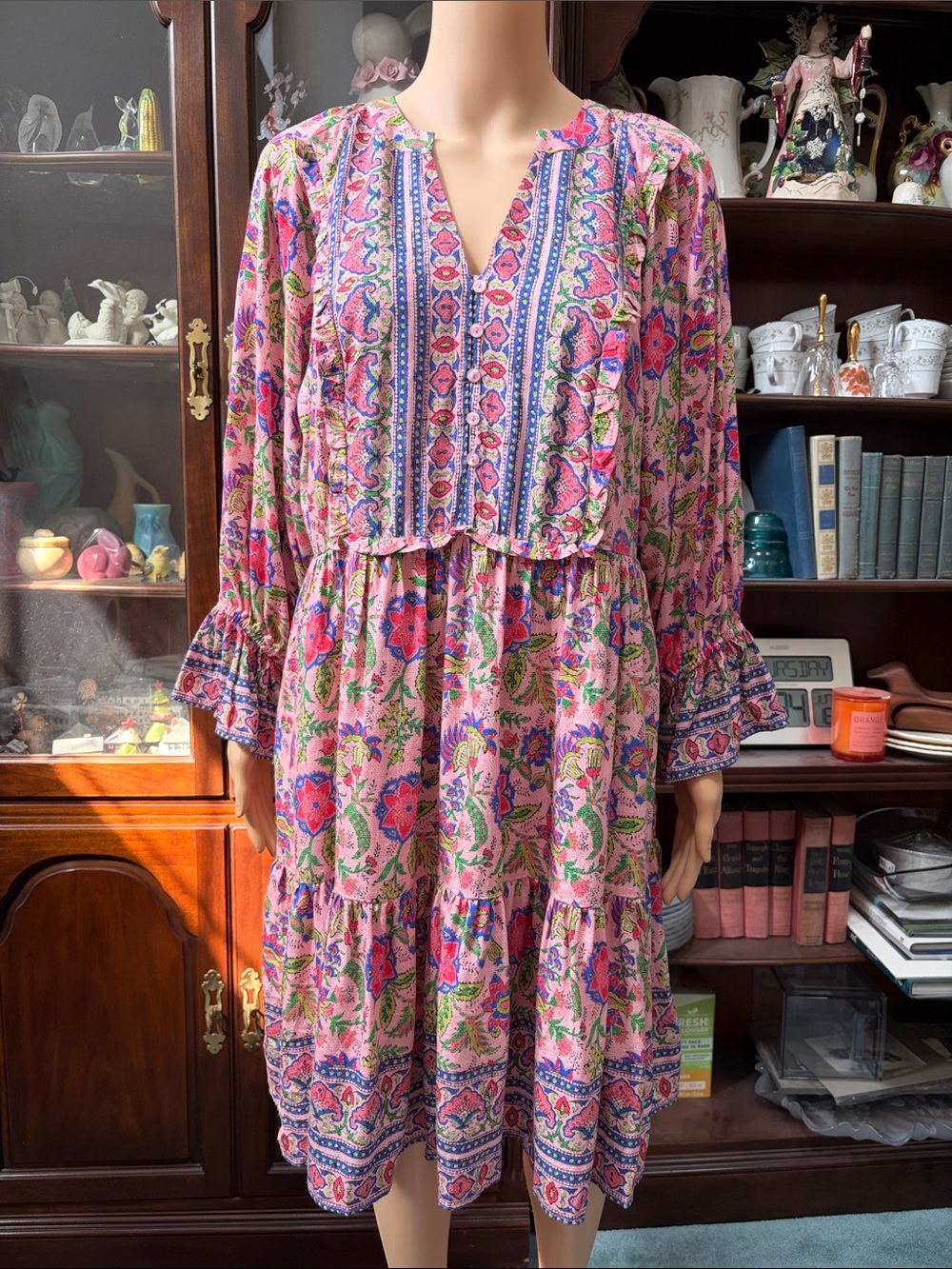Bohemian Pink Floral Tiered Long-Sleeve Midi Dress